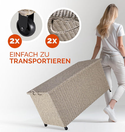 Cassapanca Baule Portaoggetti in Polyrattan XXL Resistente 2Ruote Maniglia Crema