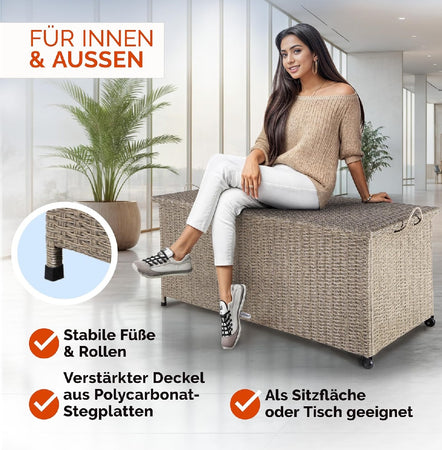 Cassapanca Baule Portaoggetti in Polyrattan XXL Resistente 2Ruote Maniglia Crema