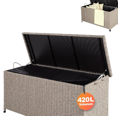Cassapanca Baule Portaoggetti in Polyrattan XXL Resistente 2Ruote Maniglia Crema