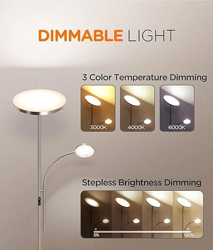 Piantana Lampada da Terra Dimmerabile Telecomando Doppia luce 35W Silver Soggiorno Camera Ufficio