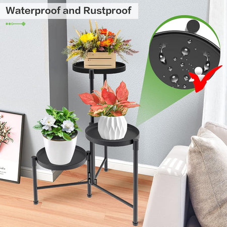 Scaffale Tavolino Porta Piante 3 altezze Metallo Nero 32x46 H 62 cm Moderno