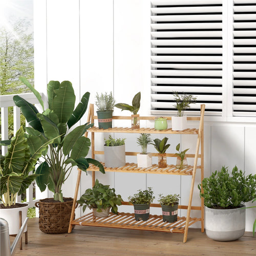 Fioriera Bambu Scaffale Espositore Pieghevole 3 Livelli Per Piante 70x40x97 cm