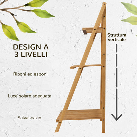 Fioriera Bambu Scaffale Espositore Pieghevole 3 Livelli Per Piante 70x40x97 cm