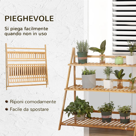 Fioriera Bambu Scaffale Espositore Pieghevole 3 Livelli Per Piante 70x40x97 cm