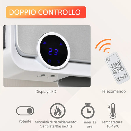 Termoconvettore Elettrico da Parete 3 Modalità Timer 12h 56x18.5x11.7cm Telecomando