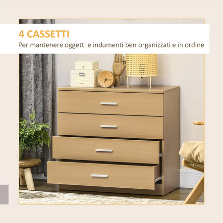 Cassettiera Salvaspazio in Legno, Comò 4 Cassetti Camera da Letto 72x33.5x67cm