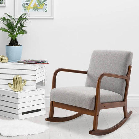 Poltrona a Dondolo Vintage in Legno Tessuto Grigio 64x86x80cm Casa Ufficio