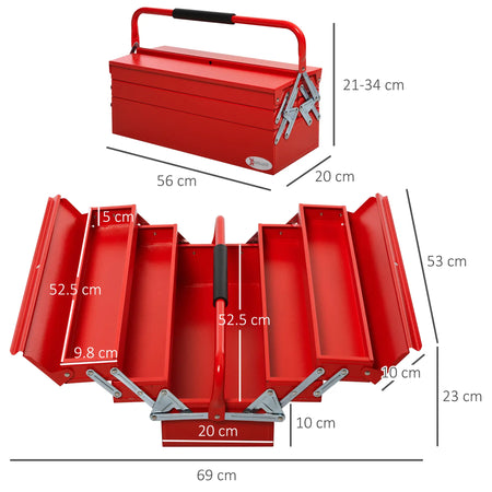 Cassetta Porta Attrezzi in Acciaio 5 Vani Valigetta Porta Attrezzi 56x20x21-34cm