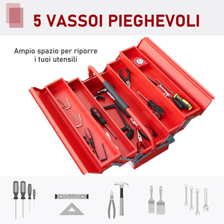 Cassetta Porta Attrezzi in Acciaio 5 Vani Valigetta Porta Attrezzi 56x20x21-34cm