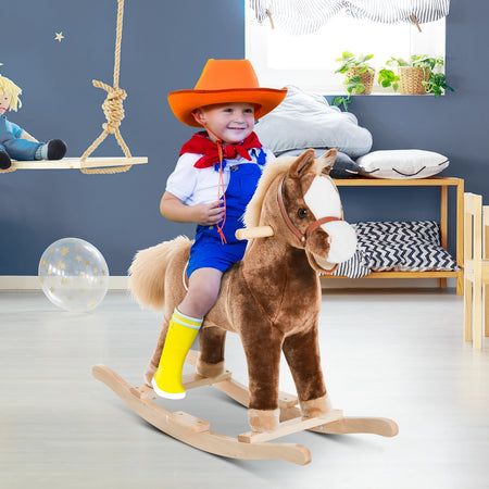 Cavallo a Dondolo Legno Giocattolo Cavalcabile Bambini Peluche 74x33x62cm