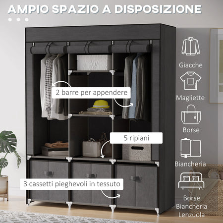 Armadio in Tessuto Pieghevole con Cassetti e Ante Avvolgibili con Zip, 125x43x162.5cm