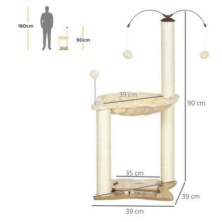 Tiragraffi Gatti con Amaca, Palline da Gioco e Pali in Sisal, 53.5x53.5 H90 cm Beige