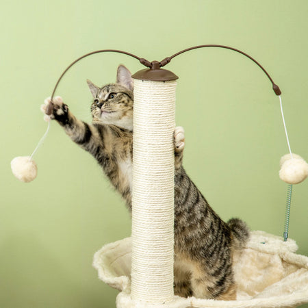 Tiragraffi Gatti con Amaca, Palline da Gioco e Pali in Sisal, 53.5x53.5 H90 cm Beige