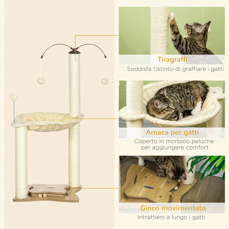 Tiragraffi Gatti con Amaca, Palline da Gioco e Pali in Sisal, 53.5x53.5 H90 cm Beige