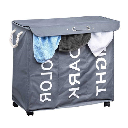 Porta Biancheria 3 Scomparti in tessuto Oxford 4 ruote Pieghevole 65x35x57cm Grigio