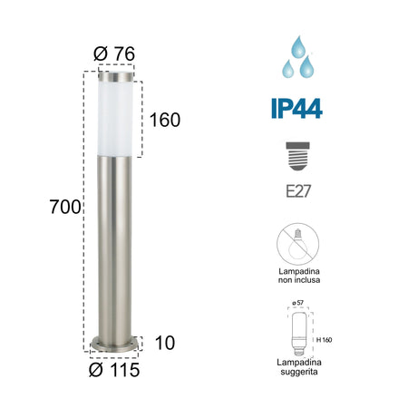 Paletto luce da esterno 40W E27 70x11 nickel Onsen
