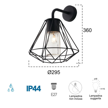 Applique da parete per esterno 60W E27 nera Drax