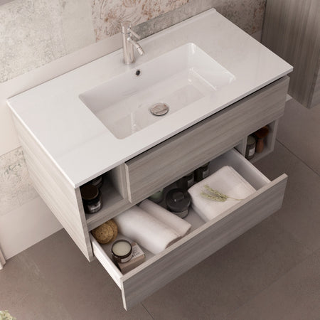 Mobile bagno sospeso 90cm Grigio Eucalipto, lavabo ceramico MOOD-755