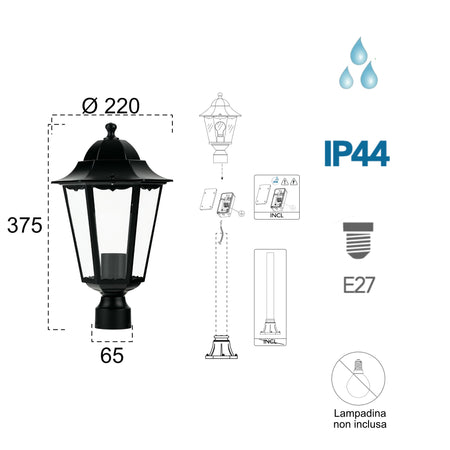 Lanterna testa per palo da esterno 60W E27 nera London