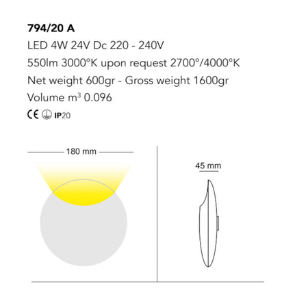 Applique moderno Cattaneo illuminazione LUNATICA 794 20A LED MONOEMISSIONE metallo lampada parete