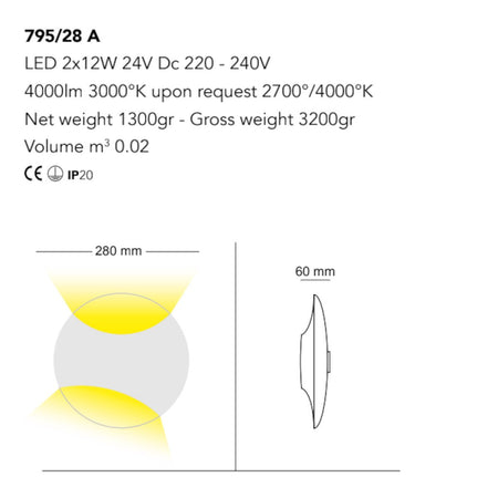 Applique moderno Cattaneo illuminazione LUNATICA 795 28A LED BIEMISSIONE metallo lampada parete