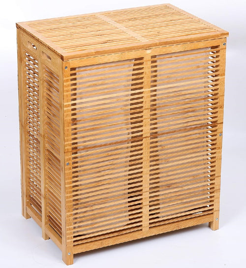 Cesto Porta Biancheria in Legno Bambù Doppio 2 Scomparti 50x35 H60 cm