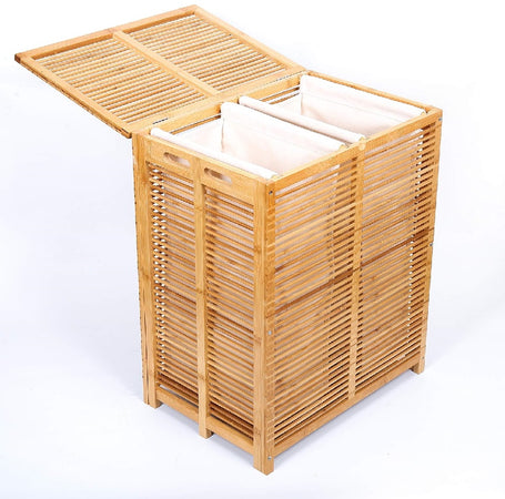Cesto Porta Biancheria in Legno Bambù Doppio 2 Scomparti 50x35 H60 cm