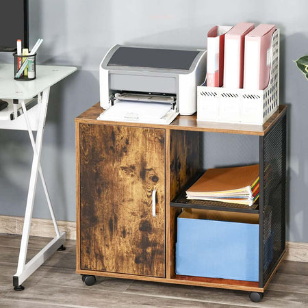 Mobile Ufficio Porta Stampante Legno MDF e Metallo 3 Ripiani 1 Anta Design Moderno