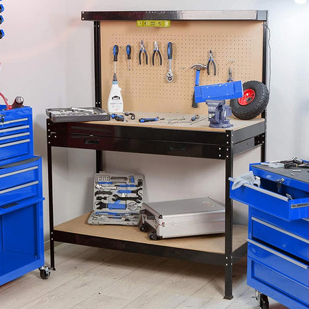 Banco Lavoro Officina Porta Utensili con Cassetto Metallo Verniciato 120x60 H 140cm