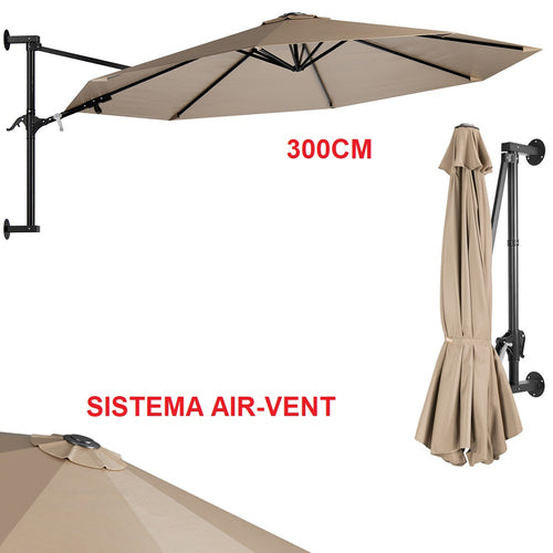 Ombrellone a Parete 300cm 8 stecche 180GR/MQ Sistema Air-Vent con Manovella Ecru