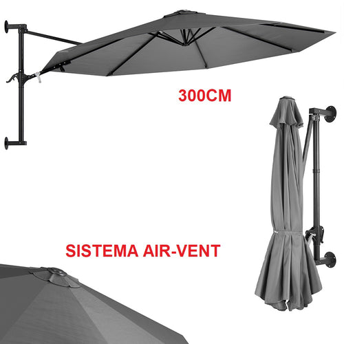 Ombrellone a Parete 300cm 8 stecche 180GR/MQ Sistema Air-Vent con Manovella Grigio