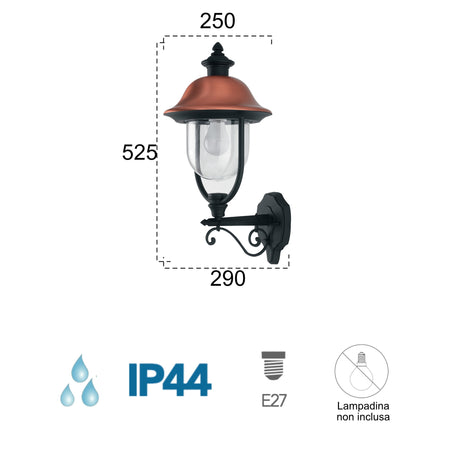Applique da parete per esterno 60W E27 nera e rame Wien Up
