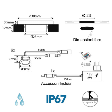 Kit 6 Segnapassi da incasso 0,6W a led con telecomando Chain Color