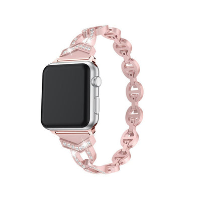 cinturino apple watch 42/44/45 mm in acciao inox rosa con pietre brillanti
