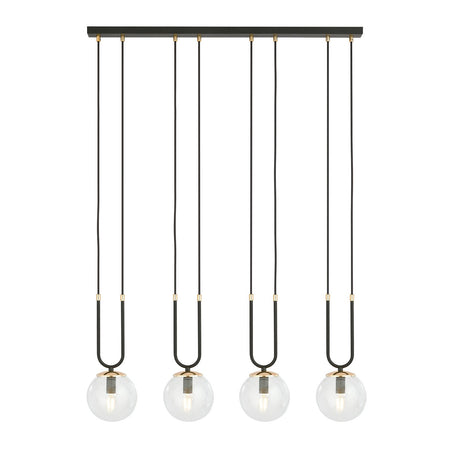 Sospensione Contemporanea 4 Luci Glam Acciaio Nero Oro E Sfera Vetro Trasparente