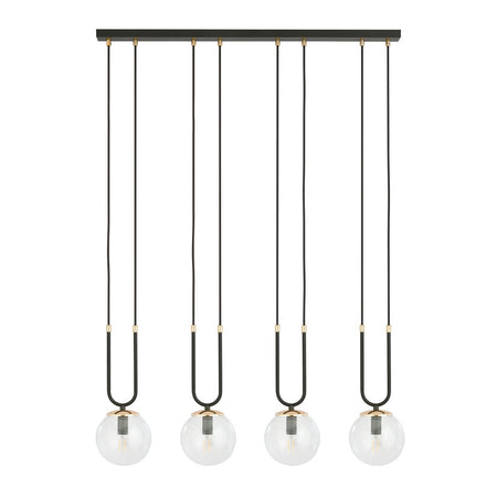 Sospensione Contemporanea 4 Luci Glam Acciaio Nero Oro E Sfera Vetro Trasparente