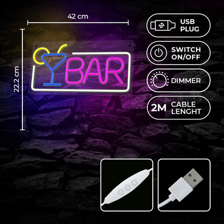 led wall neon bar multicolor connettore usb con regolatore di intensita' dimensioni 420 x 18 x 222