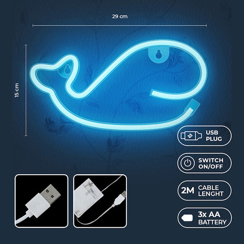 led wall neon balena colore azzurro connettore usb dimensioni 290 x 22 x 150 mm