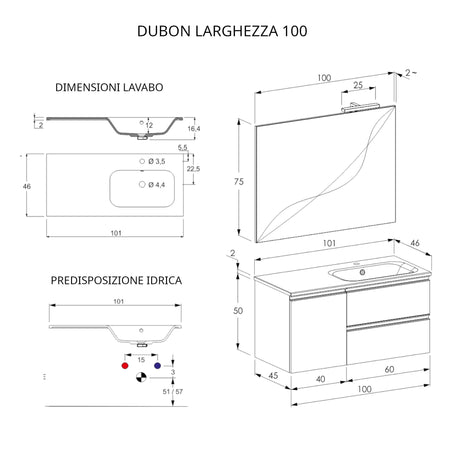 Mobile bagno sospeso 100cm con specchio bianco opaco DUBON