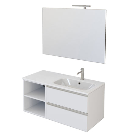 Mobile bagno sospeso 100cm con ripiano a sinistra e specchio bianco opaco DUBON