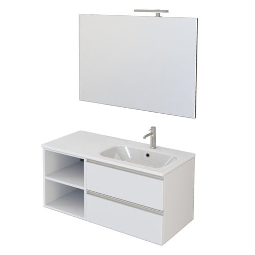 Mobile bagno sospeso 100cm con ripiano a sinistra e specchio bianco opaco DUBON