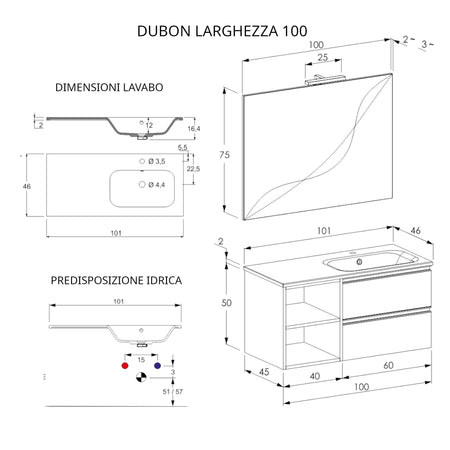 Mobile bagno sospeso 100cm con ripiano a sinistra e specchio bianco opaco DUBON