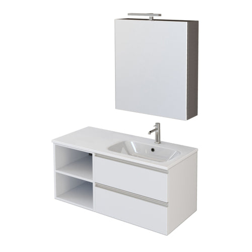 Mobile bagno sospeso 100cm con ripiano a sinistra e specchiera bianco opaco DUBON