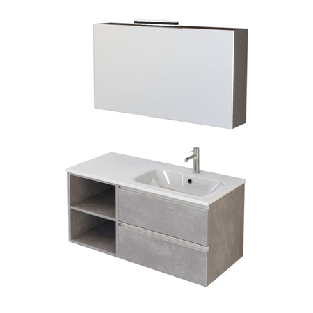 Mobile bagno sospeso 100cm con ripiano a sinistra e specchiera cemento grigio caldo DUBON