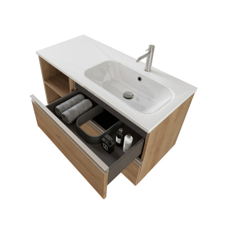 Mobile bagno sospeso 100cm con ripiano a sinistra e specchio rovere farnia DUBON