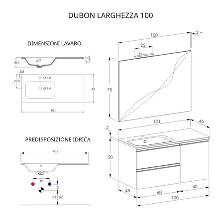 Mobile bagno sospeso 100cm con specchio bianco opaco DUBON