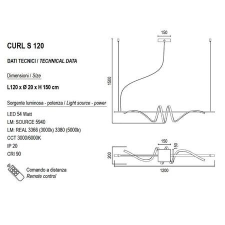 Lampadario led Promoingross CURL S120 N 54W 3380LM LED dimmerabile nero dinamico telecomando sospensione