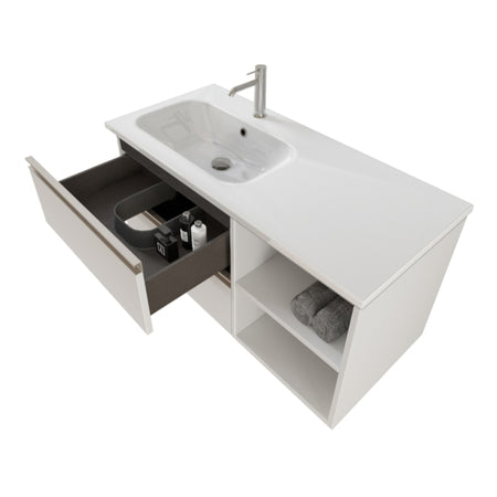 Mobile bagno sospeso 100cm con ripiano a destra e specchio bianco opaco DUBON