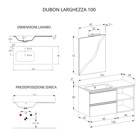 Mobile bagno sospeso 100cm con ripiano a destra e specchio bianco opaco DUBON