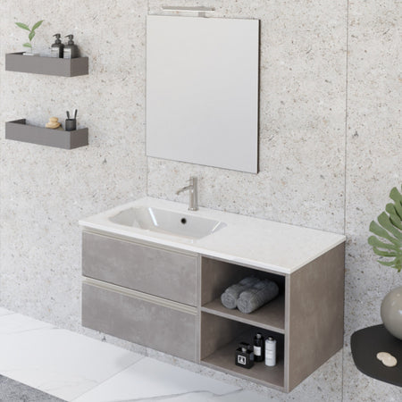 Mobile bagno sospeso 100cm con ripiano a destra e specchio cemento grigio caldo DUBON